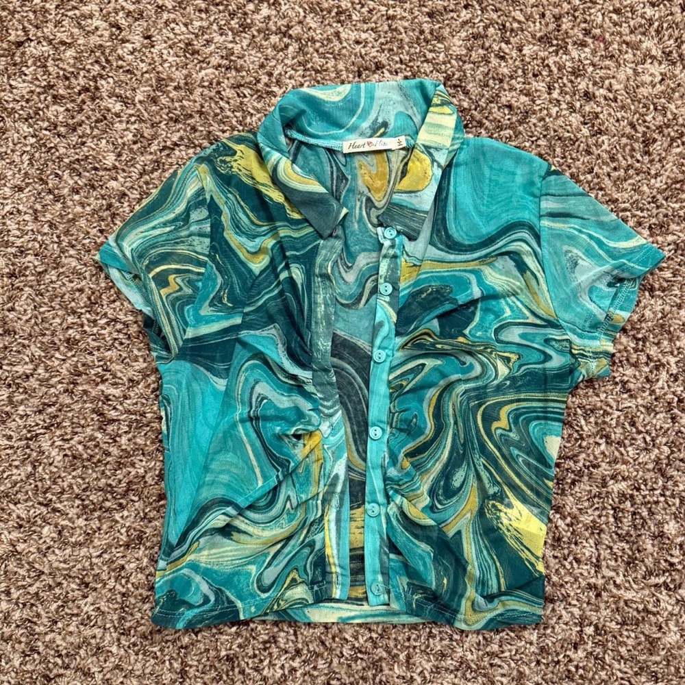 New York & Company Turquoise and Mustard Swirl Button Down Shirt